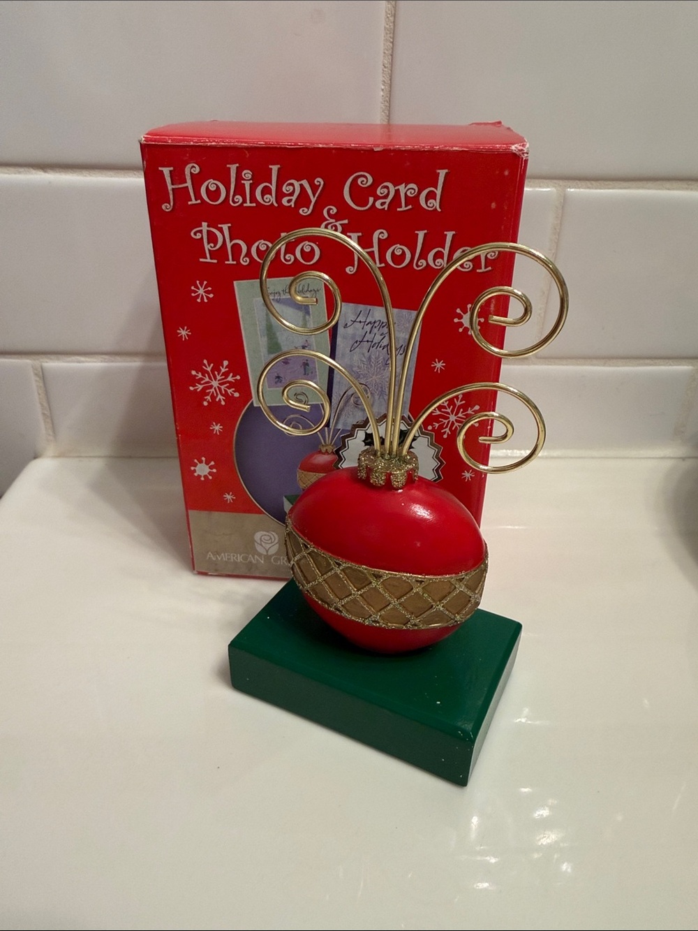 American Greetings Red and Green Ornament Card & Photo Stand